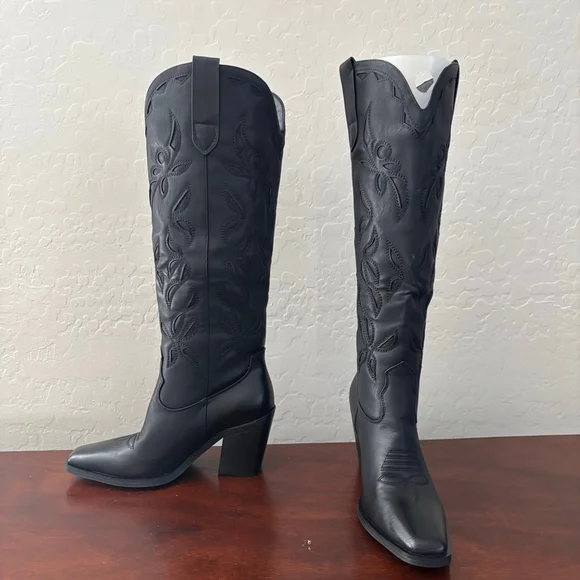 ISNOM Western Knee High Boots Embroidered Block Heel Black US 6.5 New with Box - Picture 10 of 15